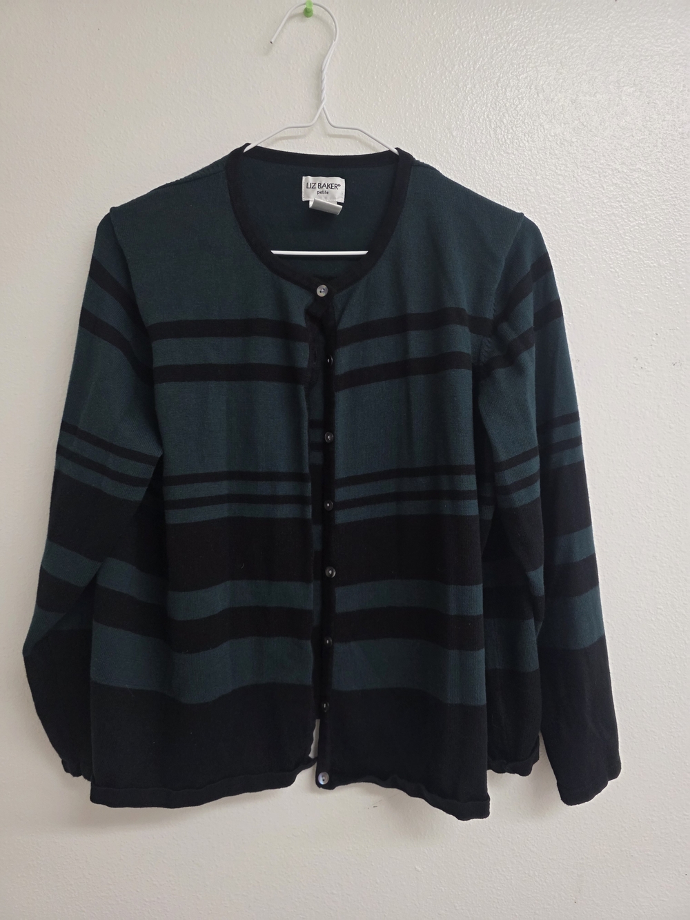Liz Baker Teal and Black Striped Button-Front Cardigan Jacket (0351)